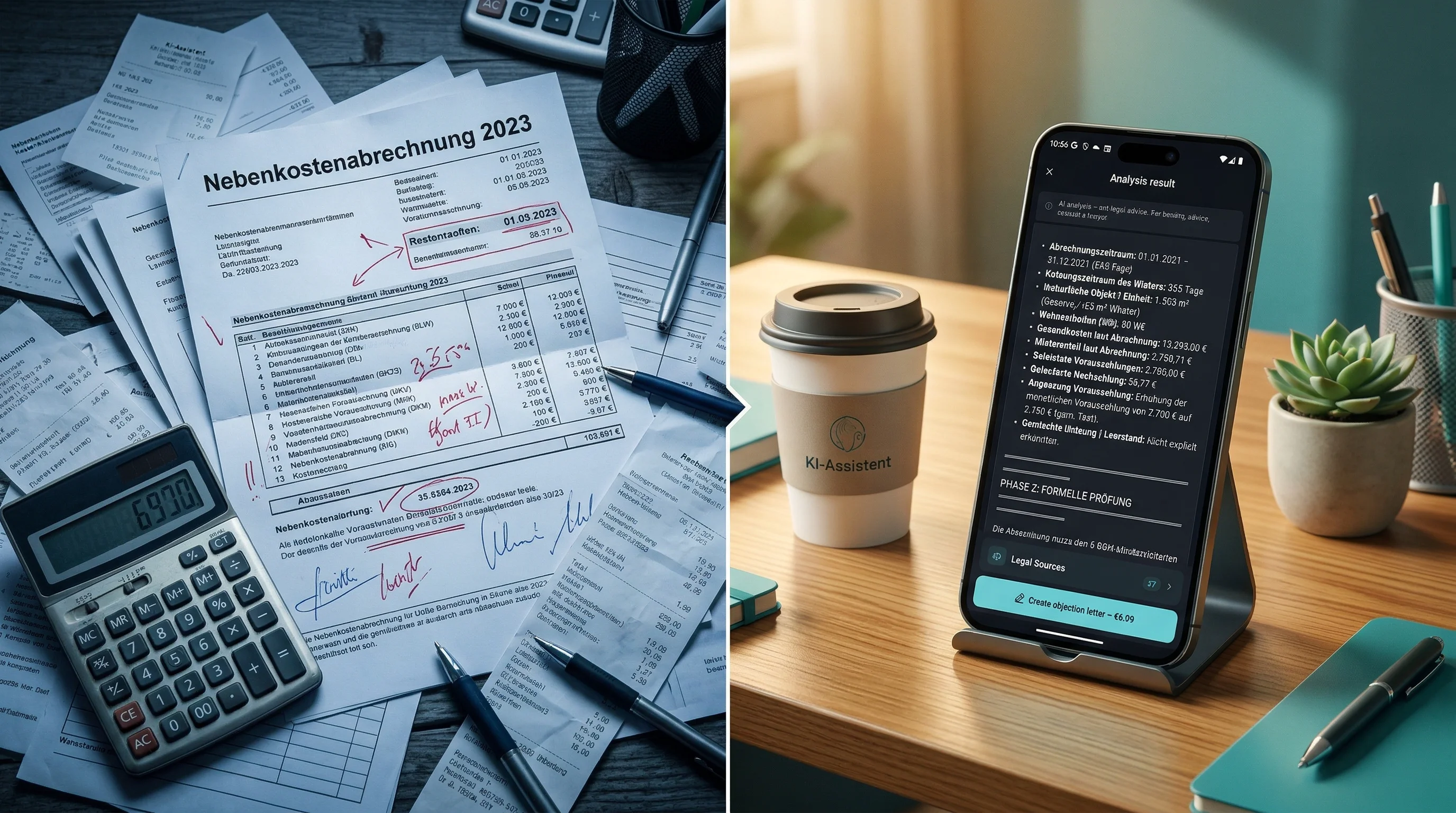 Vorher und Nachher: Nebenkostenabrechnung vor und nach der KI-Prüfung mit erkannten Fehlern