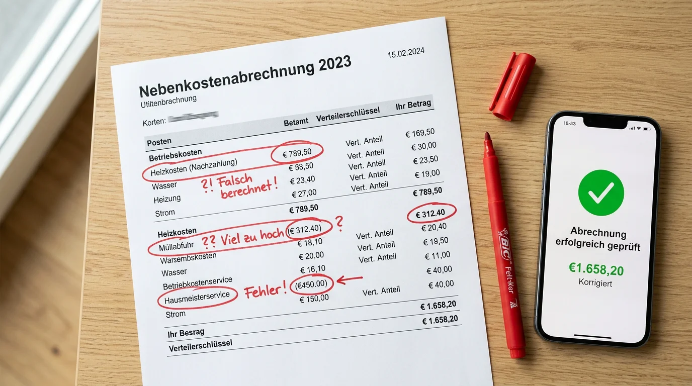 Nebenkostenabrechnung mit markierten Fehlern - die häufigsten Fehler auf einen Blick
