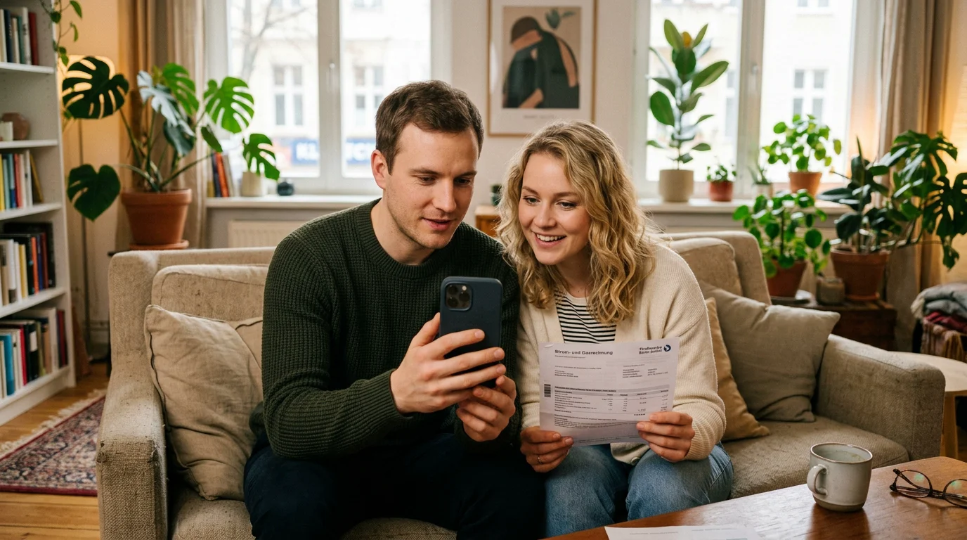 Zufriedenes Paar nach erfolgreicher Prüfung der Nebenkostenabrechnung